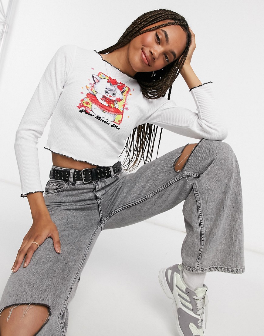 New Girl Order – Teksturowany top z długim rękawem, grafiką z kotem i kontrastowymi szwami 42 989c52e8c96e6bda52f9f8ff2e504f5d