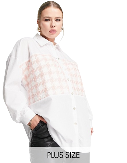 Biała koszula ze wstawką z tkaniny boucle i perłowymi guzikami plus size 50