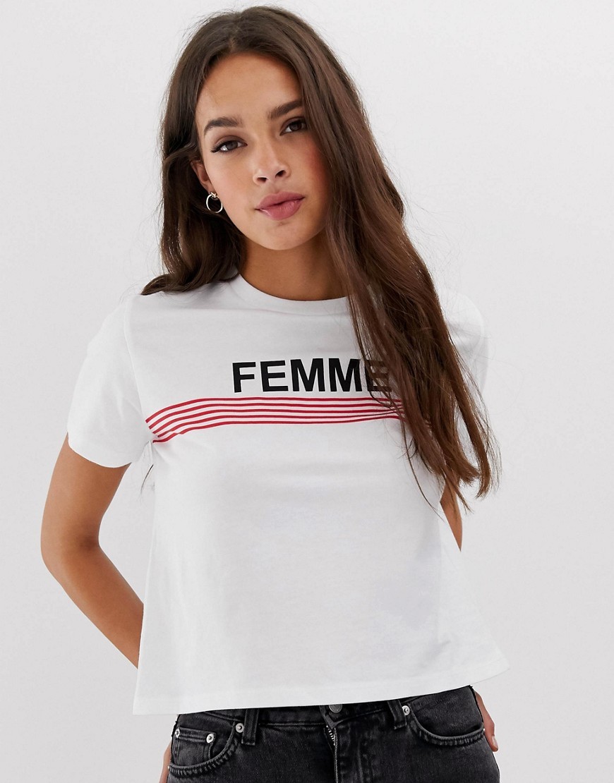 Biały T-shirt z napisem femee paski XL 42 Bialy-T-shirt-z-napisem-femee-paski-XL-42