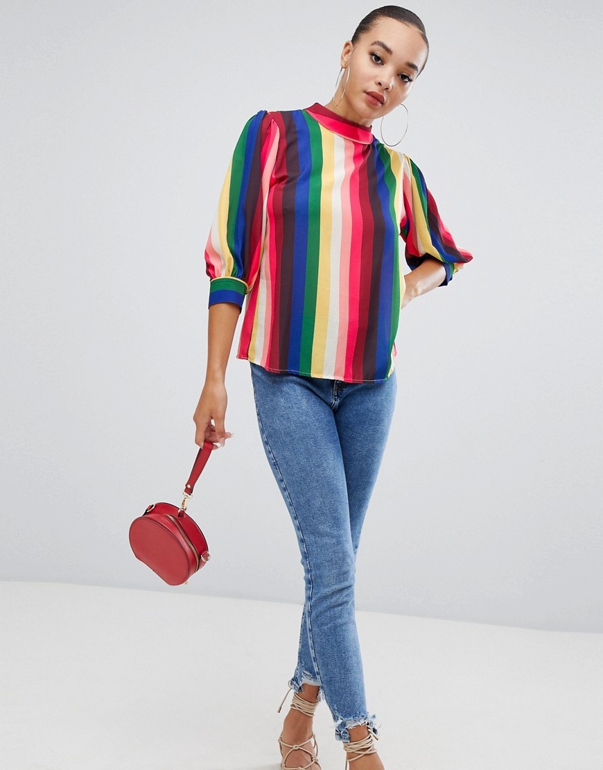 Boohoo Bluzka w tęczowe paski balonowe rękawy L 40 Boohoo-Bluzka-w-teczowe-paski-balonowe-rekawy-L-40