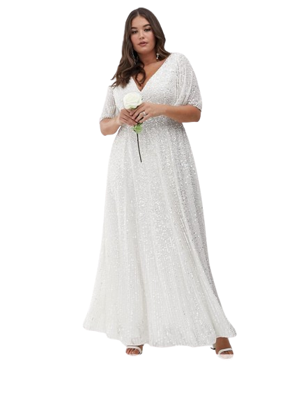 Sukienka ślubna maxi cekinowa ze zwiewnymi rękawami defekt 44