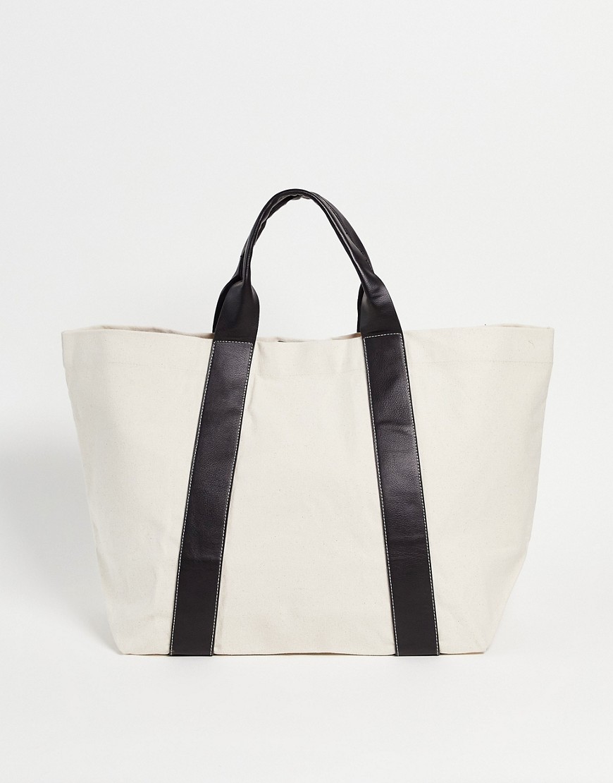 Ciężka bawełniana torba ecru z paskami z imitacji skóry defekt one size Ciezka-bawelniana-torba-typu-oversize-ecru-z-paskami-z-imitacji-skory-one-size