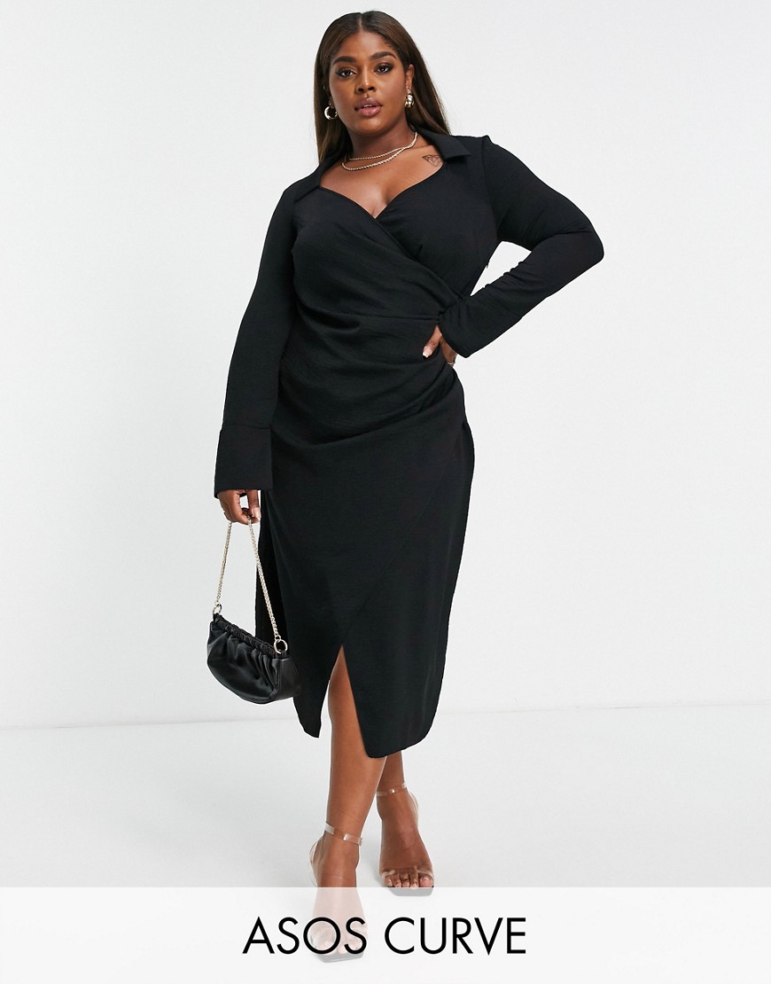 Czarna kopertowa sukienka midi z drapowanym przodem plus size 46 Czarna-kopertowa-sukienka-midi-z-drapowanym-przodem-plus-size-46