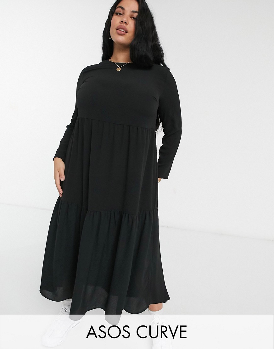 Czarna luźna sukienka kaskadowa midi z długim rękawem plus size defekt 48 Czarna-luzna-sukienka-kaskadowa-midi-z-dlugim-rekawem-plus-size-defekt-48