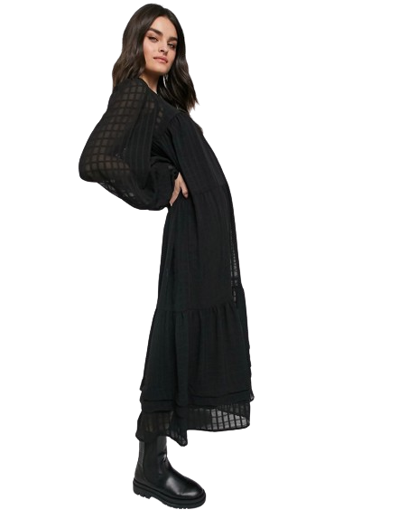Czarna luźna sukienka maxi o kroju oversize z zaszewkami i wzorem w kratę 34