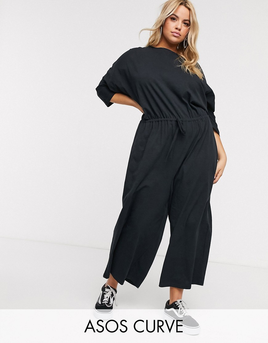 Czarny kombinezon domowy w stylu casual z wiązaniem w talii z dżerseju plus size 52 Czarny-kombinezon-domowy-w-stylu-casual-z-wiazaniem-w-talii-z-dzerseju-plus-size-52