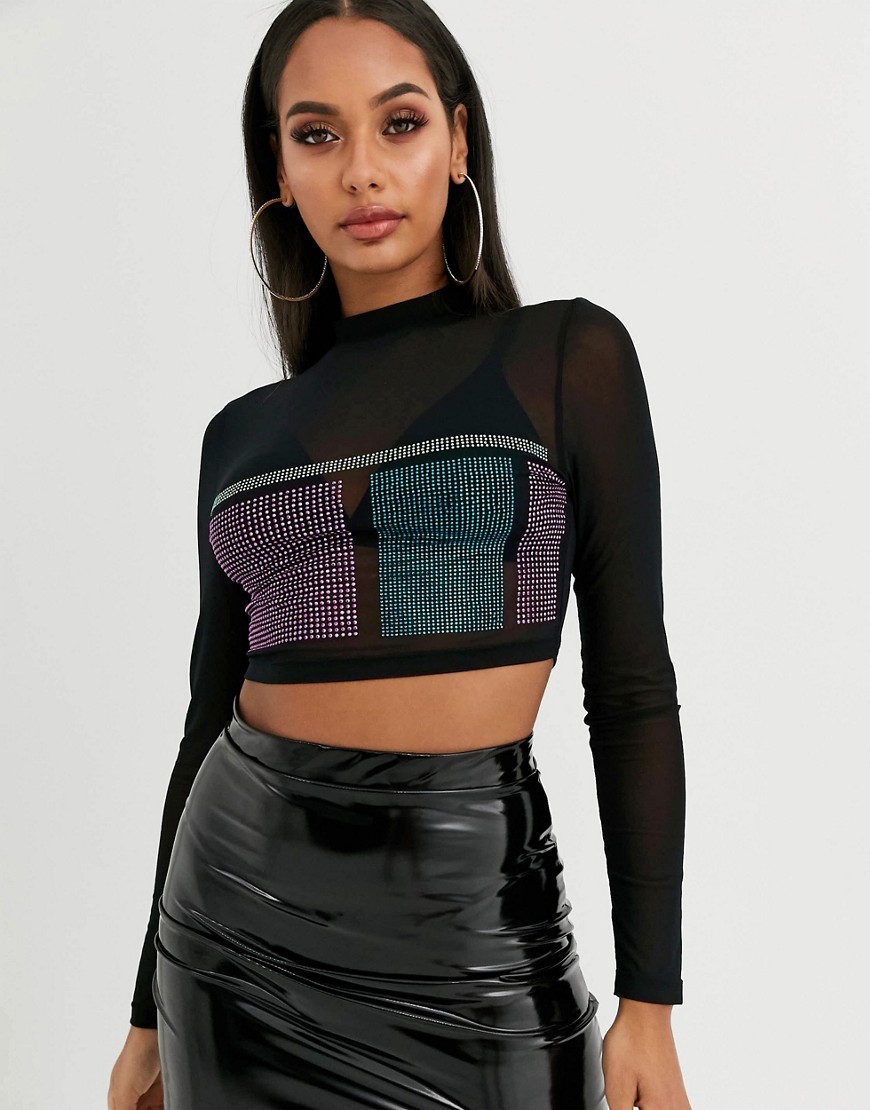 Czarny siateczkowy crop top, bluzka zdobiony koralikami XS Czarny-siateczkowy-crop-top--bluzka-zdobiony-koralikami-XS