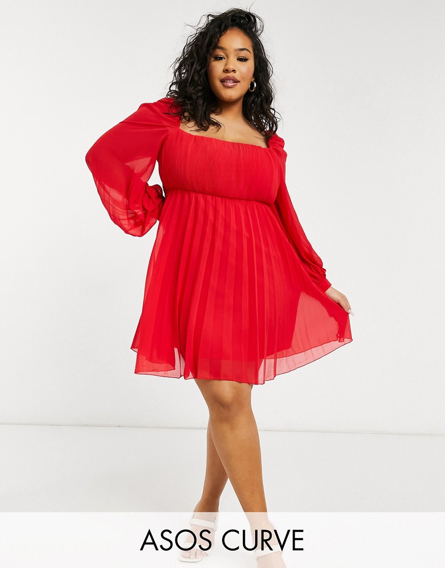 Czerwona szyfonowa plisowana sukienka mini z kwadratowym dekoltem plus size 48 Czerwona-plisowana-sukienka-mini-z-kwadratowym-dekoltem-48