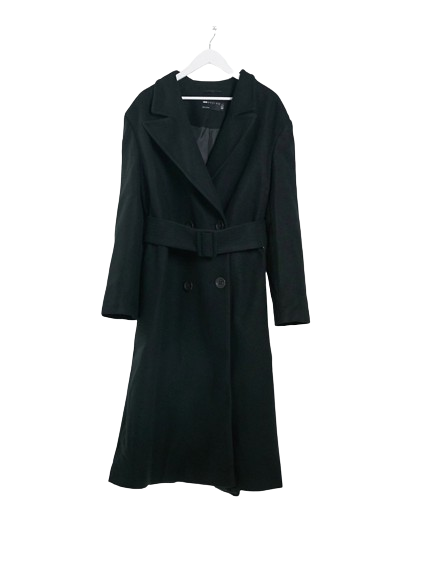 Damski czarny płaszcz maxi z paskiem plus size 50