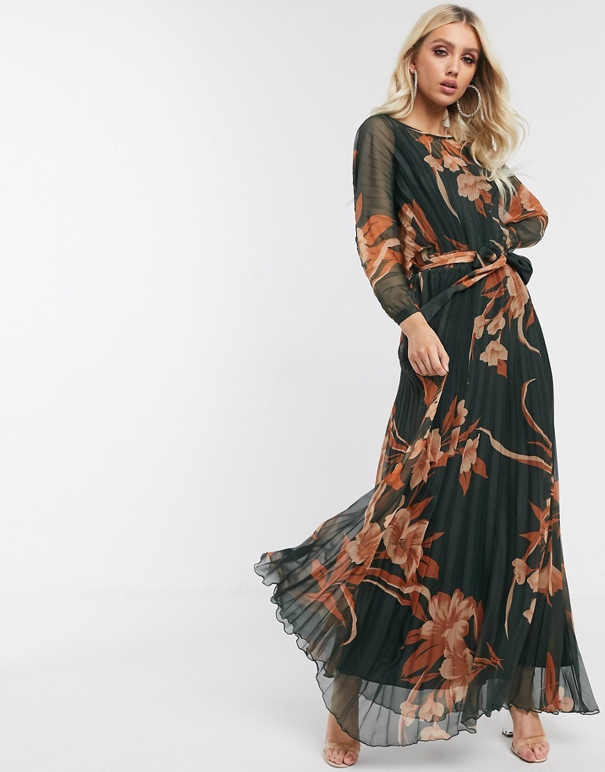 Długa Sukienka maxi plisowana w kwiaty długi rękaw XS 34 Dluga-Sukienka-maxi-plisowana-w-kwiaty-dlugi-rekaw-XS-34