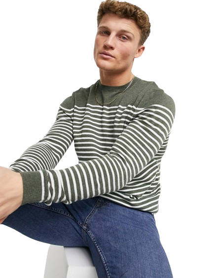 Dzianinowy sweter w paski w kolorze khaki DEFEKT S