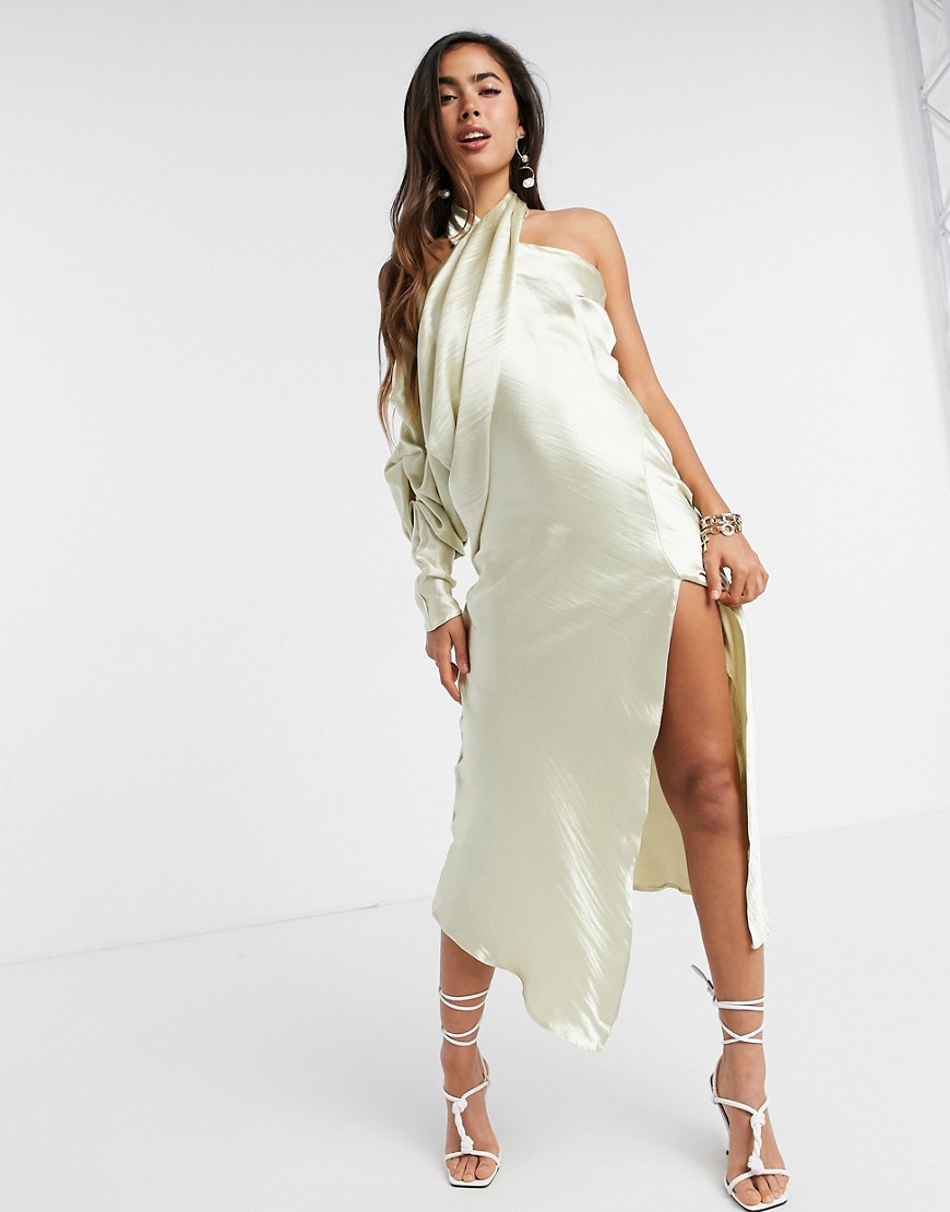 Elegancka satynowa sukienka midi z dekoltem halter i marszczeniem na rękawach kremowa defekt 34 Elegancka-satynowa-sukienka-midi-z-dekoltem-halter-i-marszczeniem-na-rekawach-kremowa-defekt-34