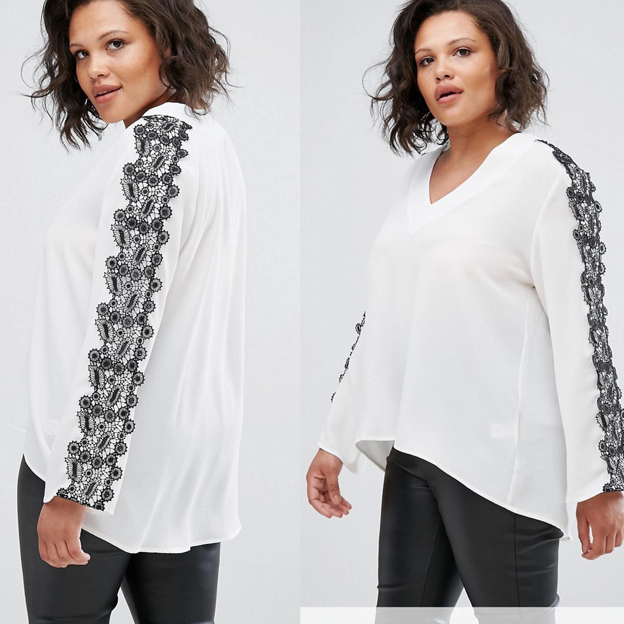 Elvi Biały Top Bluzka plus size z czarną koronką XL 42 Elvi-Bialy-Top-Bluzka-plus-size-z-czarna-koronka-XL-42