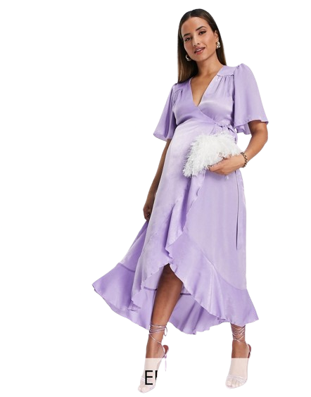 Flounce London Maternity liliowa satynowa sukienka midi o kopertowym kroju defekt 40