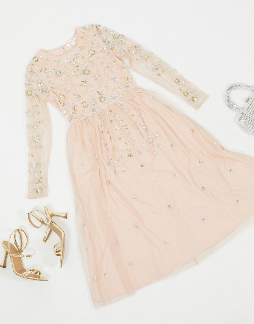 Frock & Frill – Jasnoróżowa bogato zdobiona sukienka midi z długim rękawem 40 Frock--Frill-–-Jasnorozowa-bogato-zdobiona-sukienka-midi-z-dlugim-rekawem-40