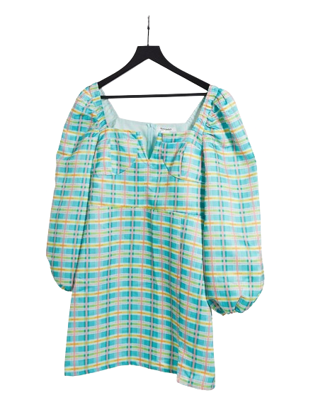 Glamorous zielona sukienka mini kwadratowy dekolt bufki w kratę 38
