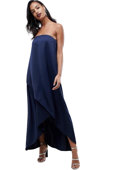 Granatowa satynowa sukienka maxi bandeau defekt 40