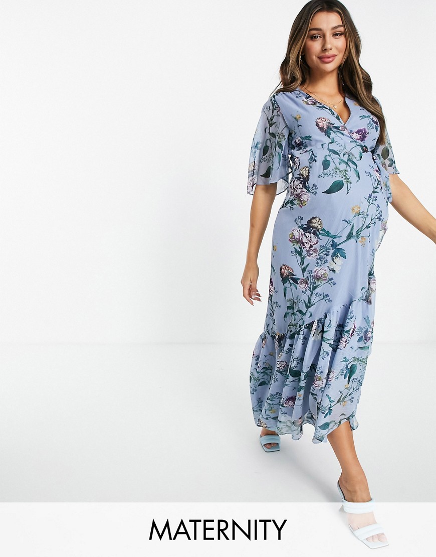 Hope & Ivy Maternity błękitna kopertowa sukienka midi w kwiaty z bufkami 38 Hope--Ivy-Maternity-blekitna-kopertowa-sukienka-midi-w-kwiaty-z-bufkami-38