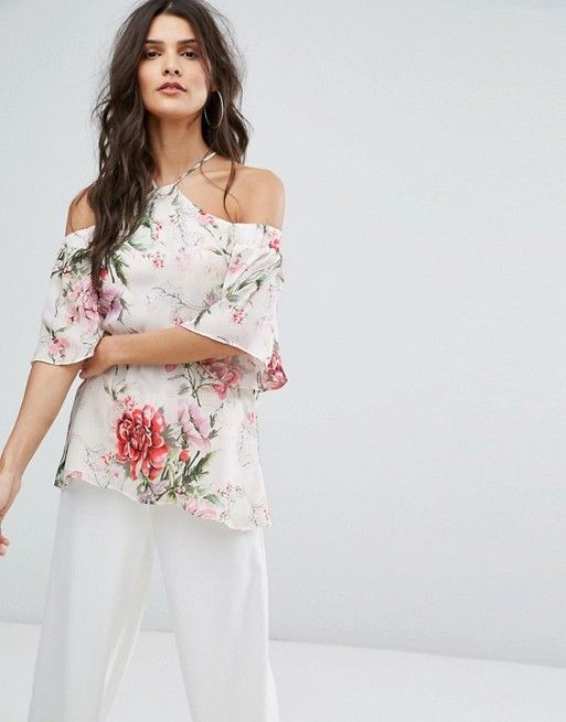 Biała Bluzka print w kwiaty cold shoulder M 38 K21-Biala-Bluzka-print-w-kwiaty-cold-shoulder-M-38