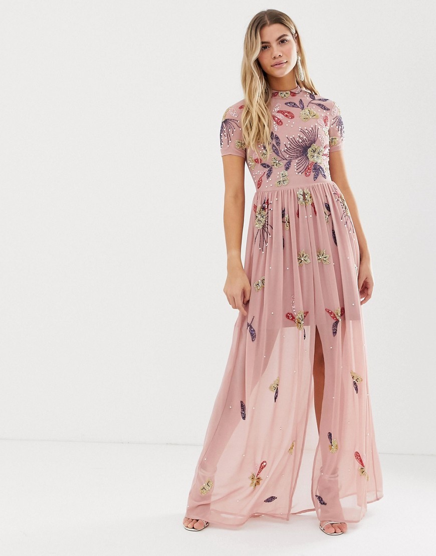 Różowa różana Sukienka maxi zdobiona kwiaty S 36 K22-Rozowa-rozana-Sukienka-maxi-zdobiona-kwiaty-S-36