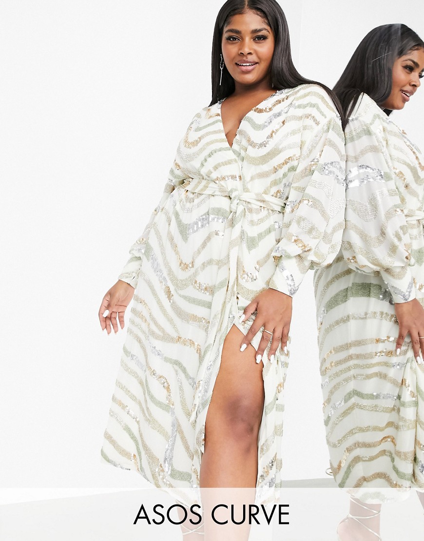 Kremowa kopertowa cekinowa sukienka midi wzorzysta plus size defekt 54 Kremowa-kopertowa-cekinowa-sukienka-midi-wzorzysta-plus-size-54