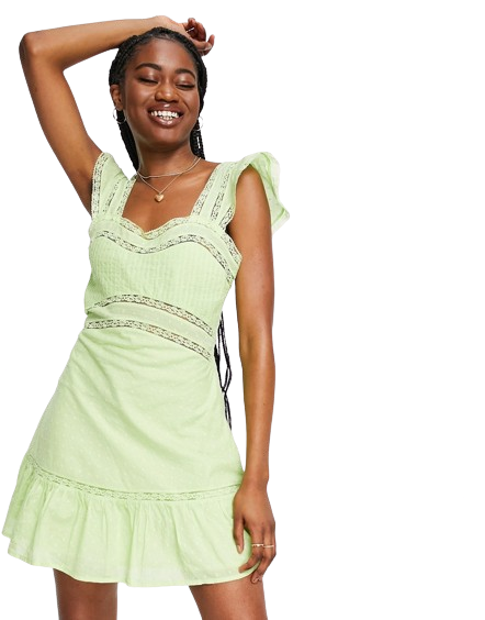 Limonkowa sukienka mini na lato z koronkową wstawką defekt 44