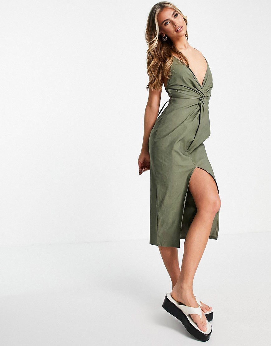 Lniana sukienka midi w kolorze khaki z ozdobnym skręceniem 38 Lniana-sukienka-midi-w-kolorze-khaki-z-ozdobnym-skreceniem-38