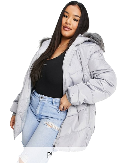 Lovedrobe szara kurtka zimowa ocieplana pikowana kaptur ze sztucznym futrem defekt 44