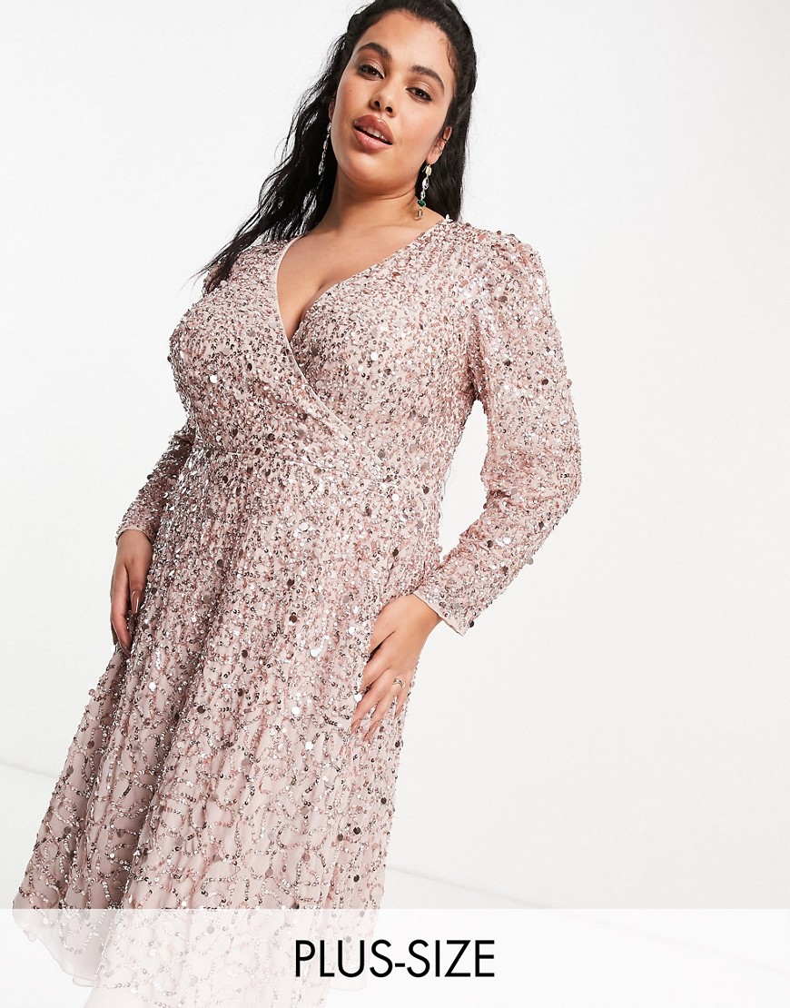 Maya Plus różowa cekinowa kopertowa sukienka midi z długim rękawem plus size 46 Maya-Plus-rozowa-cekinowa-kopertowa-sukienka-midi-z-dlugim-rekawem-plus-size-46