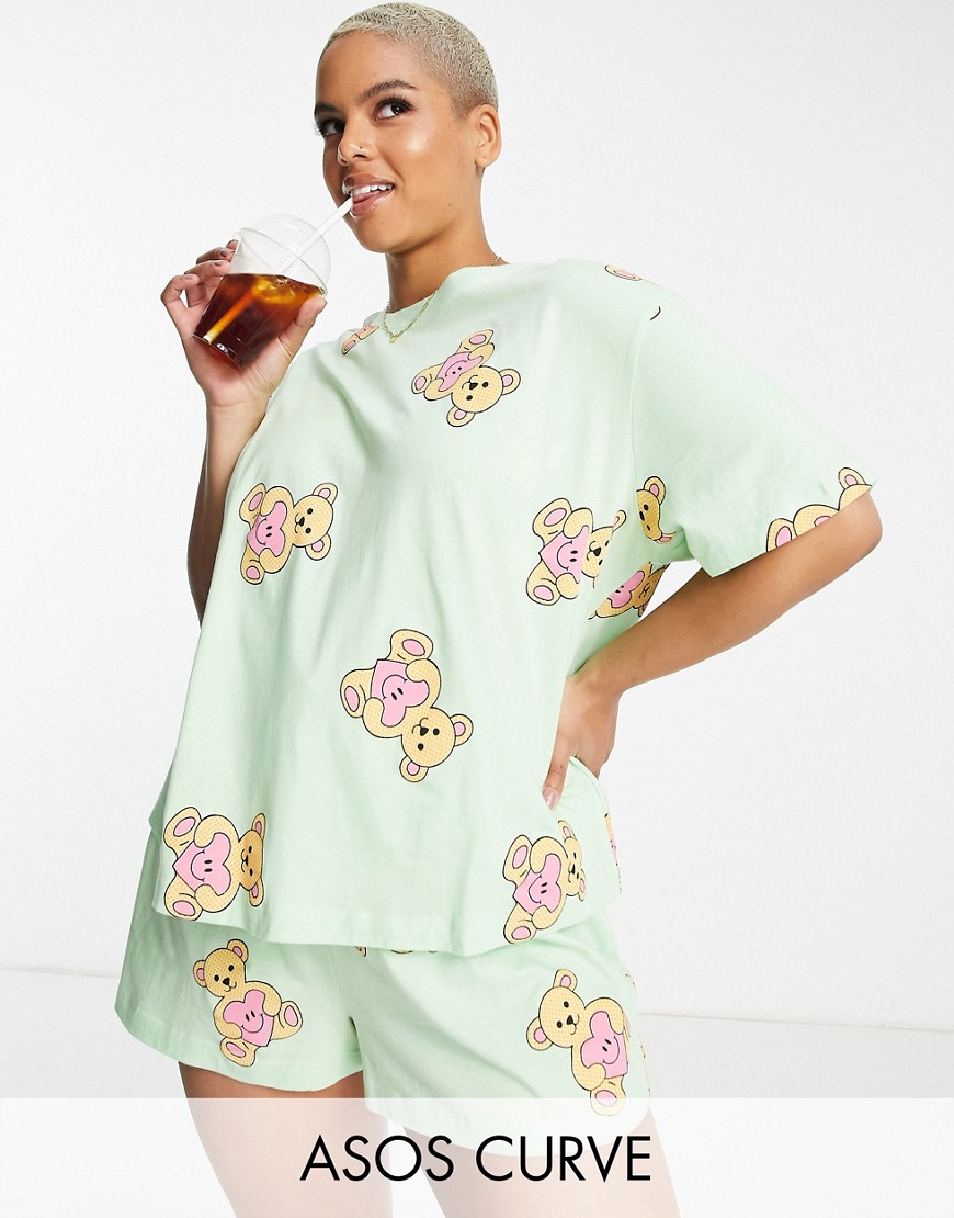 Miętowa piżama z T-shirtem oversize i szortami w misie defekt 58 Mietowa-pizama-z-T-shirtem-oversize-i-szortami-w-misie-defekt-58