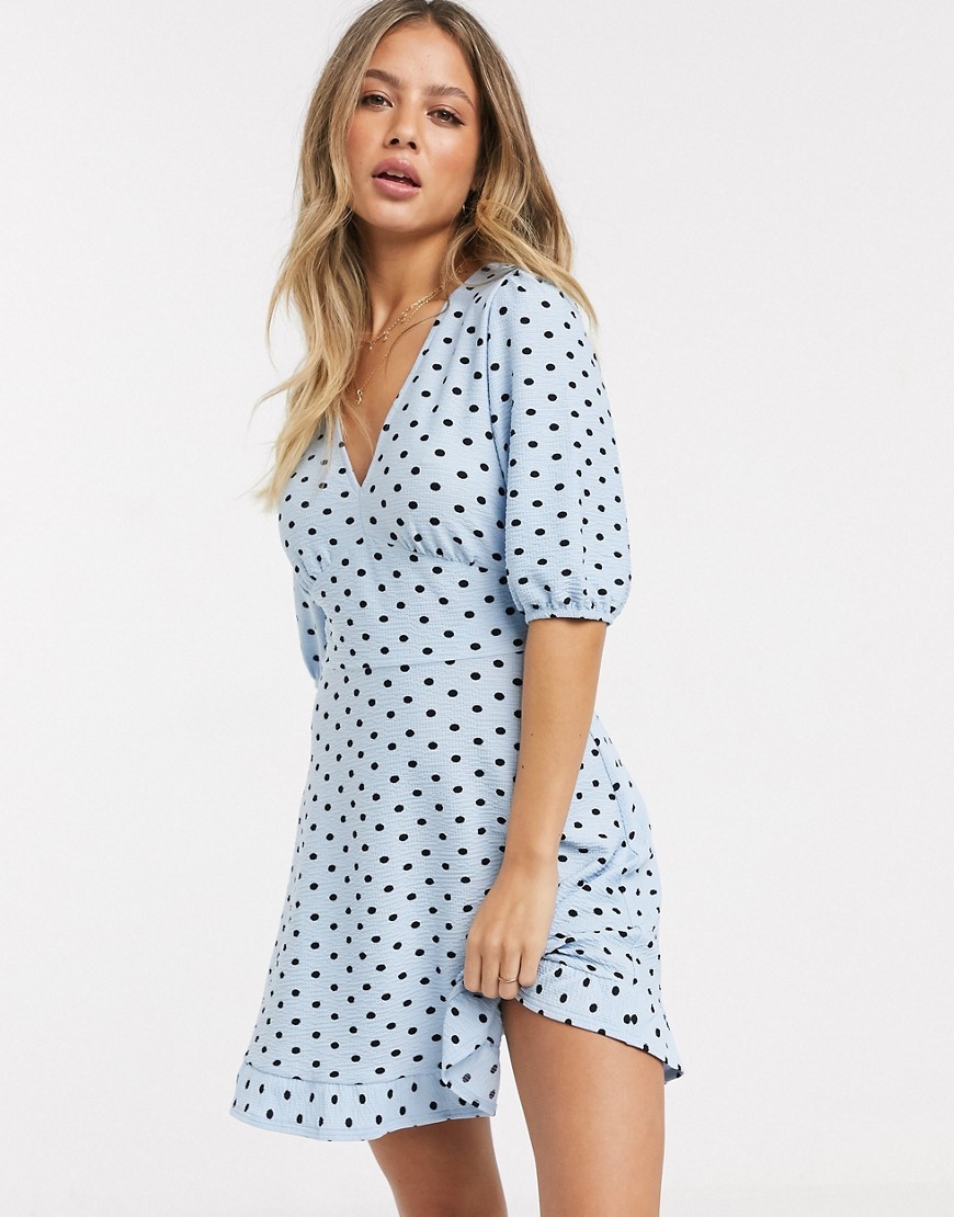Miss Selfridge błękitna sukienka w kropki z krótkim rękawem XL 42 Miss-Selfridge-blekitna-sukienka-w-kropki-z-krotkim-rekawem-XL-42