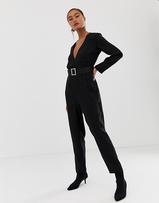 Miss Selfridge czarny Kombinezon z paskiem XXS 32 Miss-Selfridge-czarny-Kombinezon-z-paskiem-XXS-32