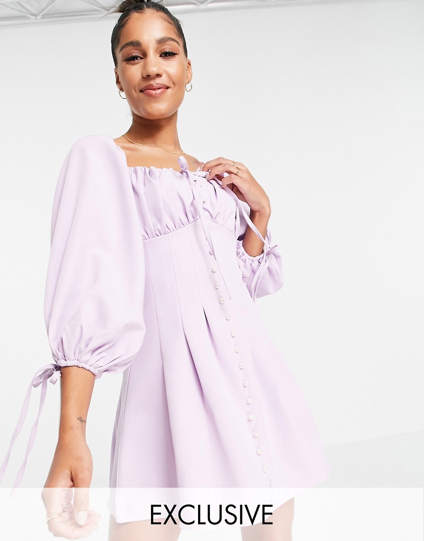 Missguided liliowa rozkloszowana sukienka mini guziki perełki defekt 34 Missguided-liliowa-rozkloszowana-sukienka-mini-guziki-perelki-defekt-34