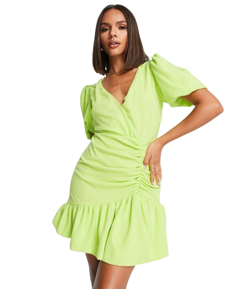 Missguided limonkowa kopertowa sukienka mini z bufkami UŻYWANA 42