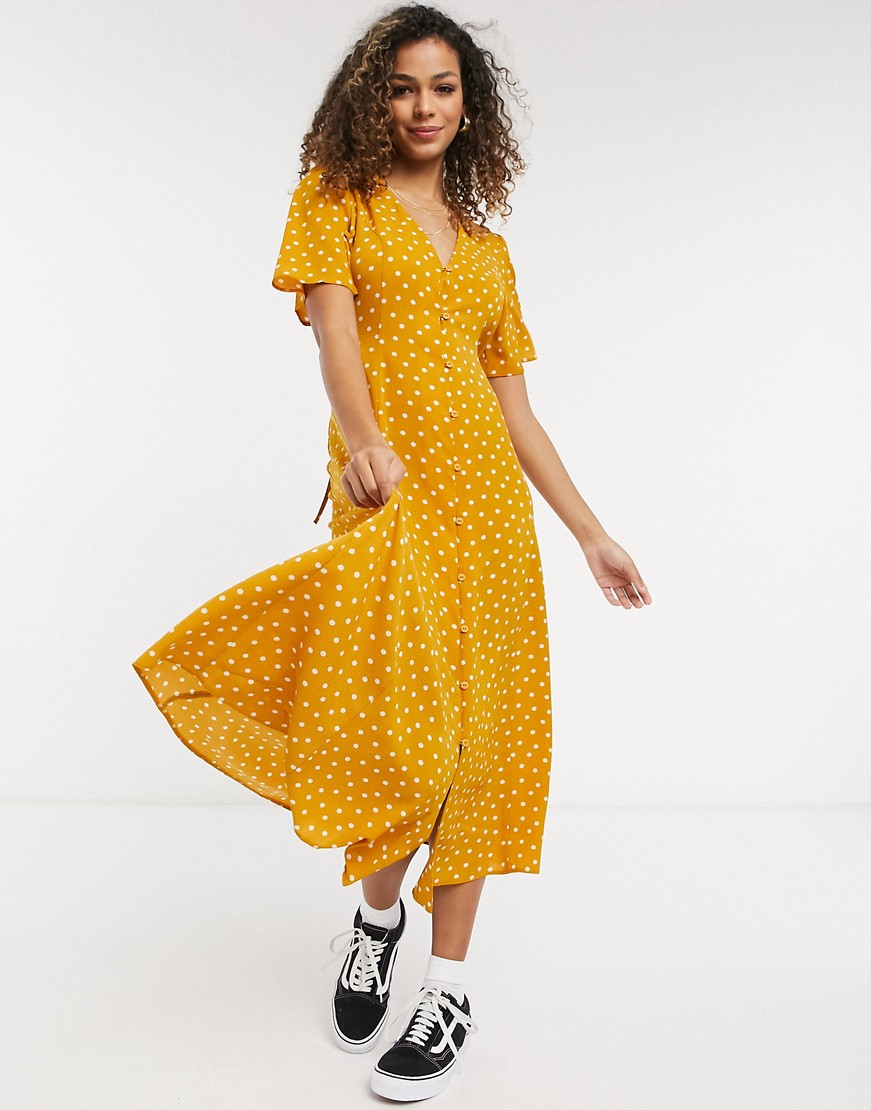 Musztardowa sukienka midi w groszki z zapięciem na guziki defekt 44 Musztardowa-sukienka-midi-w-groszki-z-zapieciem-na-guziki-defekt-44