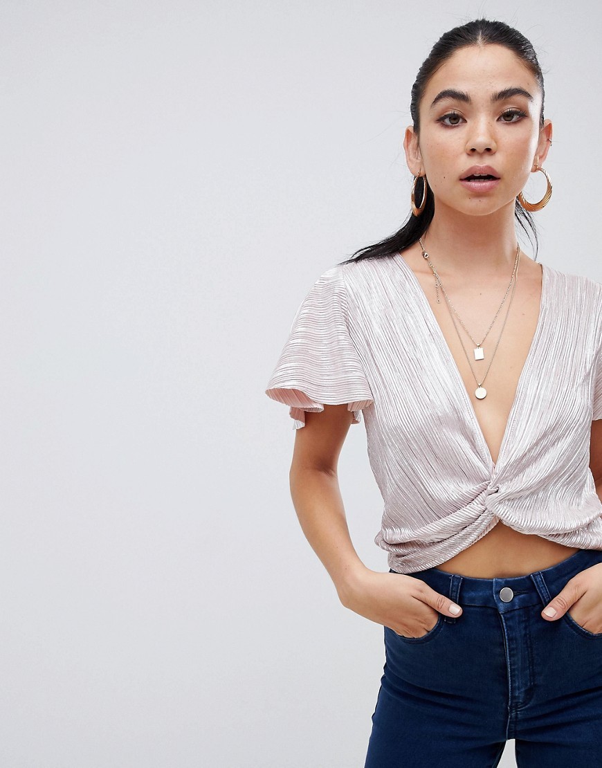 Nude Różowy Top Bluzka głęboki dekolt twist XS 34 Nude-Rozowy-Top-Bluzka-gleboki-dekolt-twist-XS-34