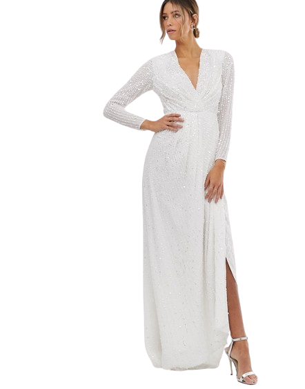 Plisowana kopertowa sukienka ślubna z cekinami defekt 44