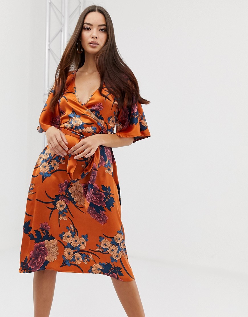 Pomarańczowa Sukienka midi typu kimono satynowa Defekt L 40 Pomaranczowa-Sukienka-midi-typu-kimono-satynowa-Defekt-L-40