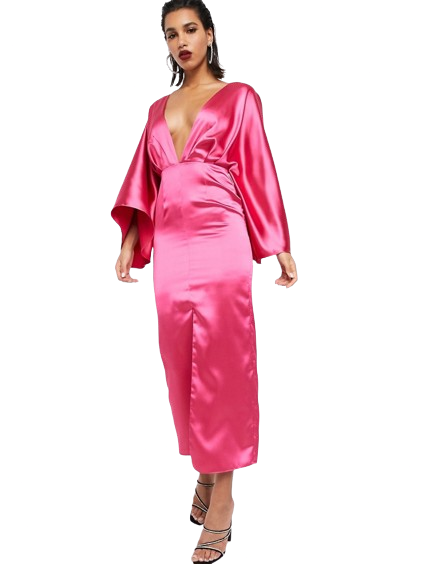 Różowa Satynowa Sukienka kimono midi defekt L 40
