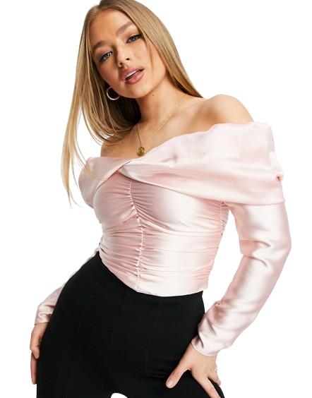 Różowa satynowa bluzka odkryte ramiona długi rękaw 44
