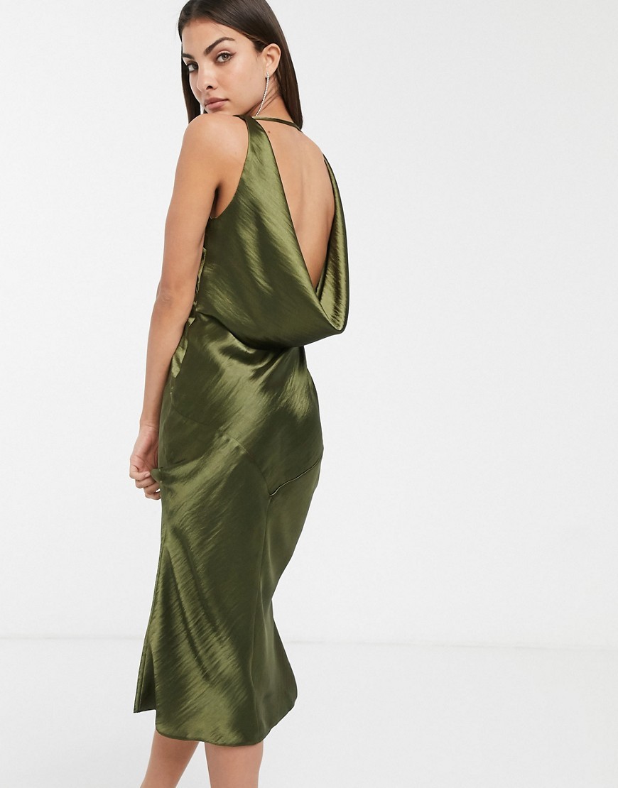 Satynowa Sukienka khaki midi z drapowanym tyłem defekt M 38 Satynowa-Sukienka-khaki-midi-z-drapowanym-tylem-defekt-M-38