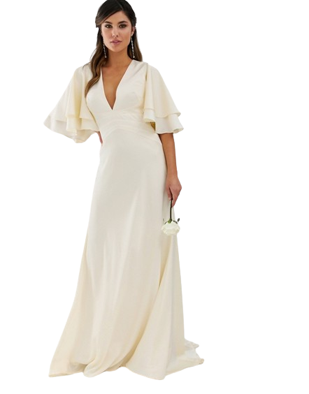 Satynowa panelowa sukienka ślubna ze zwiewnymi rękawami defekt 44