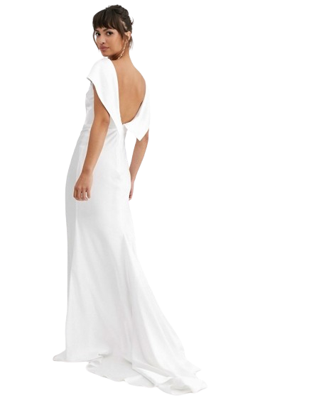 Suknia ślubna maxi z odkrytymi ramionami i drapowaniem na plecach defekt 44