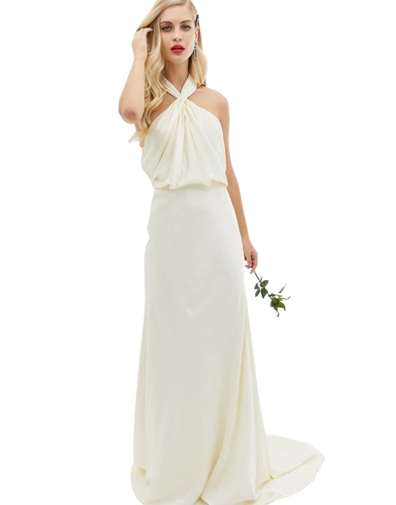 Satynowa suknia ślubna maxi z marszczeniem i dekoltem typu halter kremowy defekt 44