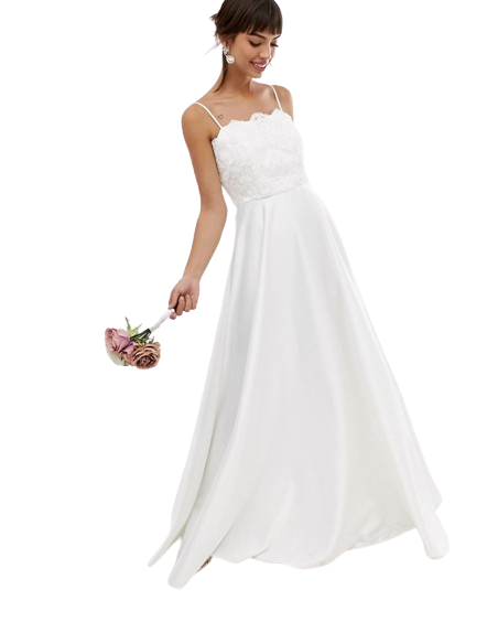 Suknia ślubna na ramiączkach z koronki wysadzanej koralikami z satynową spódnicą defekt 44