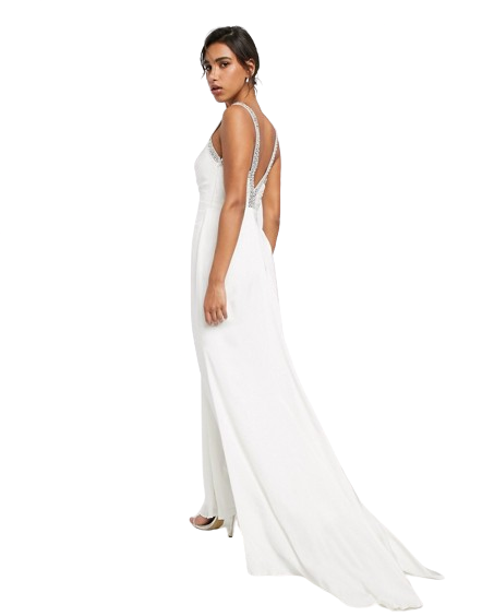 Suknia ślubna z dekoltem w szpic i kryształowym paskiem defekt 44