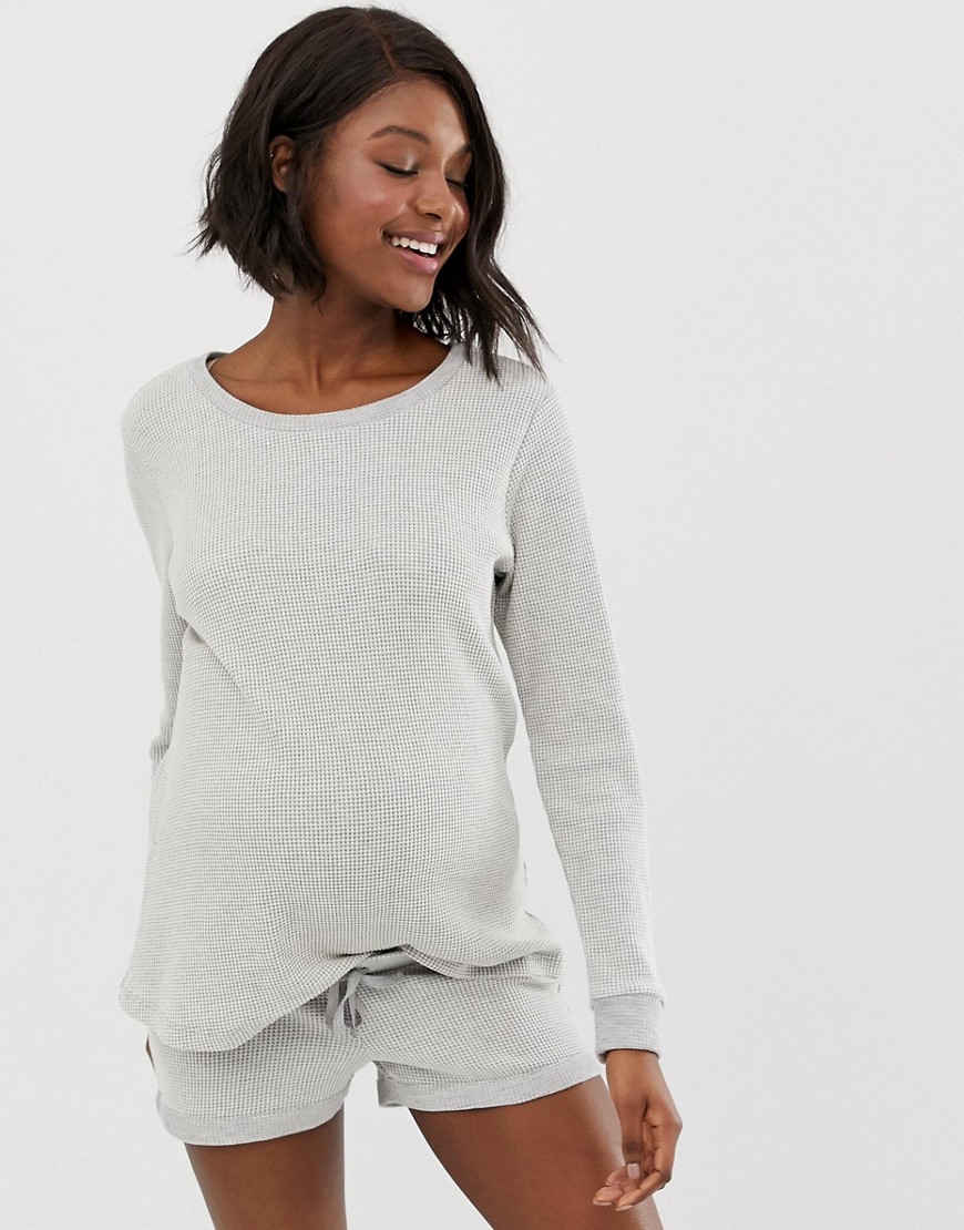 Szara bluzka ciążowa sweterek wygodna długi rękaw waflowy splot S 36 Szara-bluzka-ciazowa-sweterek-wygodna-dlugi-rekaw-waflowy-splot-S-36
