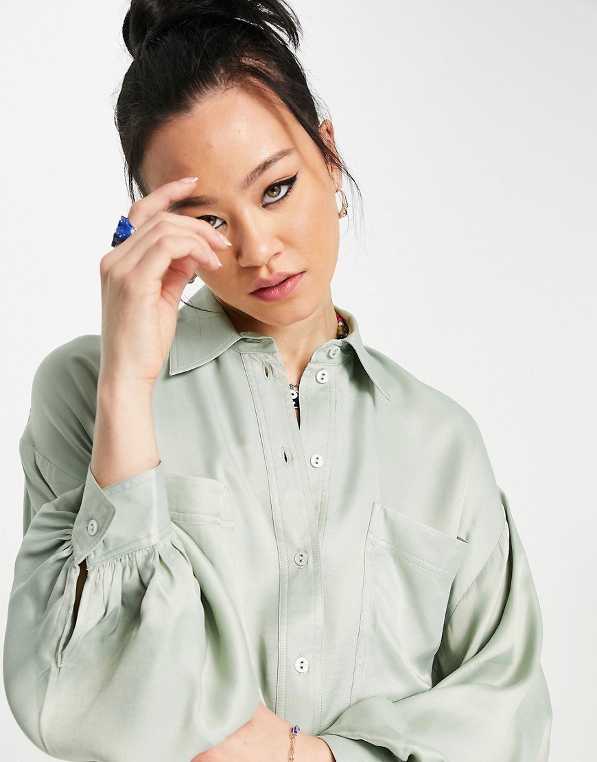 Topshop-damska-zielona-satynowa-koszula-M-2 Topshop-damska-zielona-satynowa-koszula-M