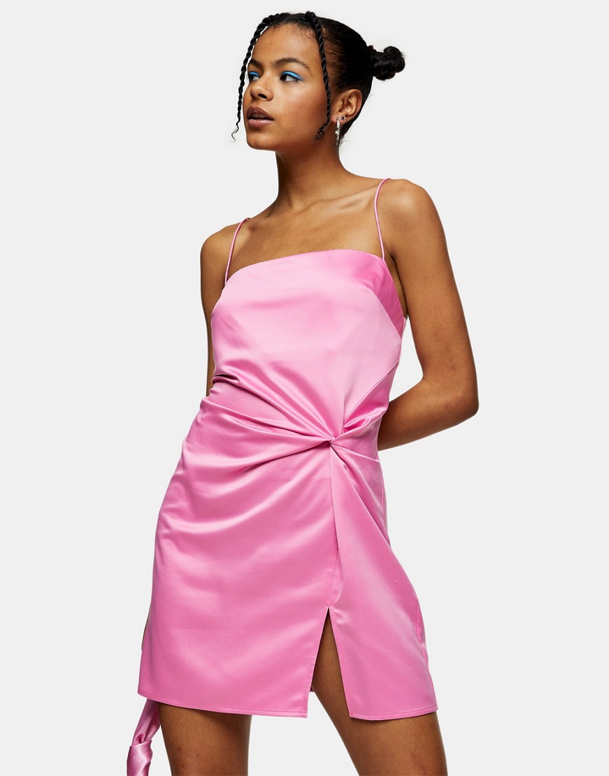 Topshop różowa satynowa sukienka mini z ozdobnym supełkiem defekt 36 Topshop-rozowa-satynowa-sukienka-mini-z-ozdobnym-supelkiem-defekt-36