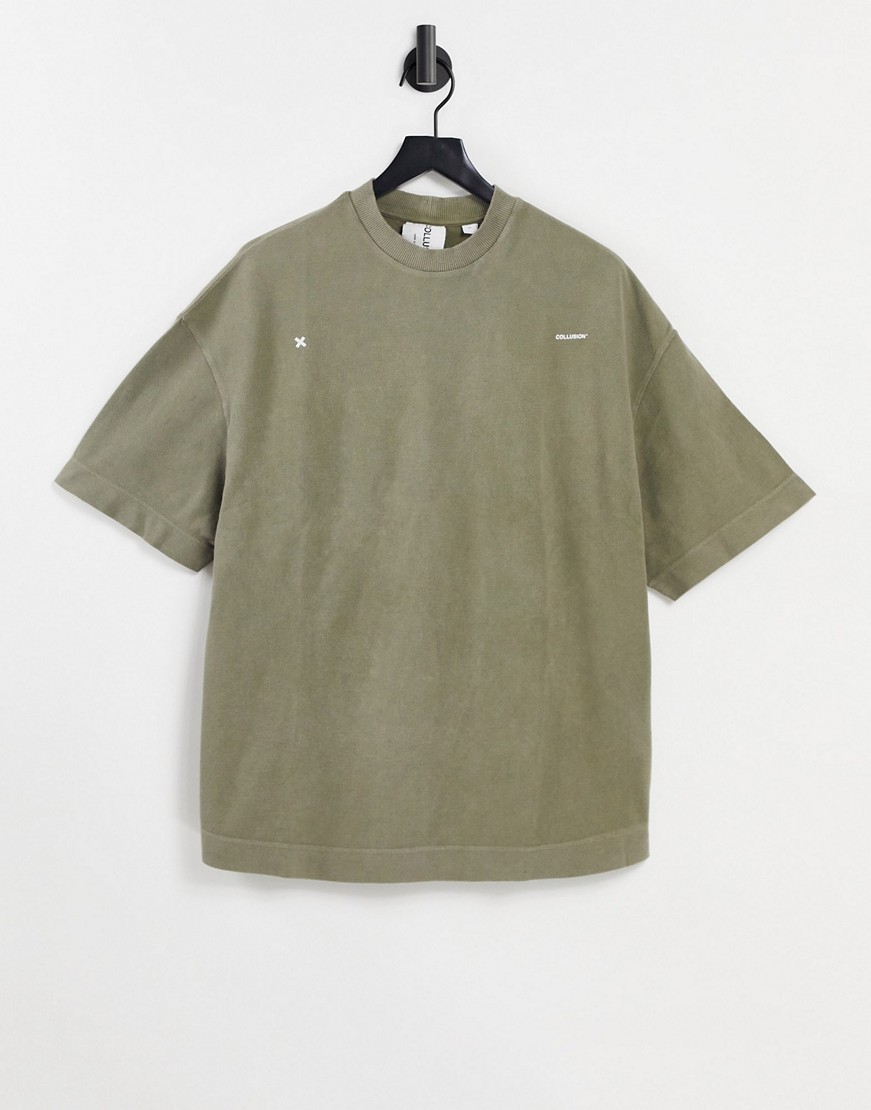 Unisex-–-T-shirt-oversize-w-kolorze-khaki-z-nadrukiem-defekt-M